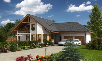 Haus mit Doppelgarage, großem Untergeschoss, Zimmer im Erdgeschoss und Wintergarten.